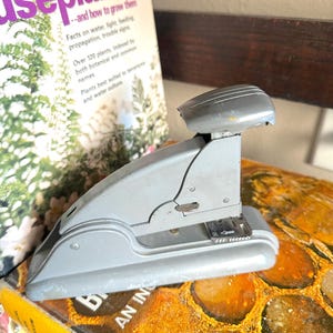 May include: A silver-colored stapler rests on a stack of books. The book on top has a colorful, patterned cover. A book titled "Favorite Houseplants" is partially visible in the background.