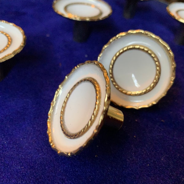 Mid-Century Drawer Pulls Set of 7 White and Gold. Enamel and Brass Handles. Hollywood Regency, Glam.