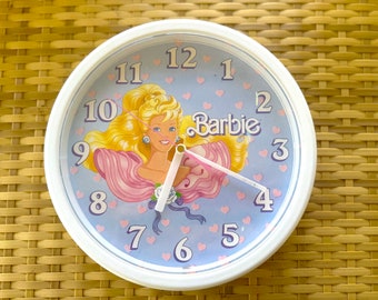 Vintage Barbie Wall Clock in Blue and PInk with Hearts, Works Well!