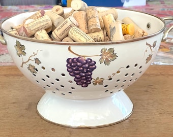 Large Vintage Metal Colander with Grapes Print and Full of Wine Corks / Wine Corks and Cute Wine Cork Storage in One