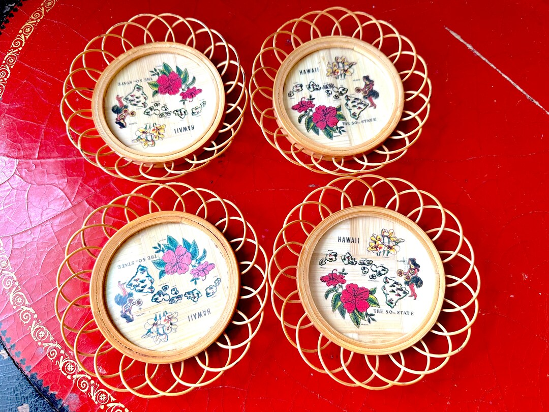 Charming Vintage Hawaii Coaster Set With Rattan 