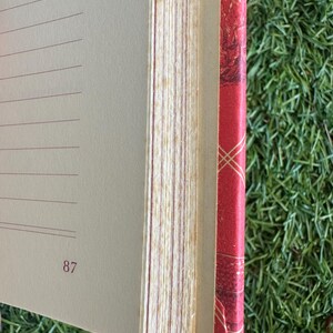 May include: An open book with lined pages and a red cover. The pages are cream-colored with a visible number 87. The book's spine is red with a gold geometric pattern. The edges of the pages are gilded.