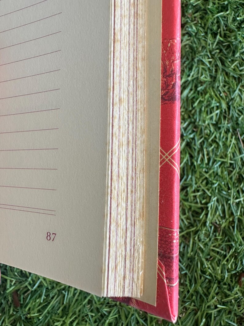 May include: An open book with lined pages and a red cover. The pages are cream-colored with a visible number 87. The book's spine is red with a gold geometric pattern. The edges of the pages are gilded.