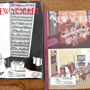May include: Two copies of The New Yorker magazine, one with a black and white illustration of a bookshelf and a woman in a room, and the other with a color illustration of a group of people gathered around a table in a room.