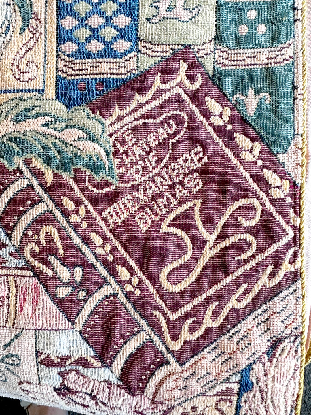 Vintage Tapestry Table Runner With Library Motif / Book Lover Decor