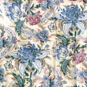 Vintage Waverly Sateen Fabric Piece with Scotchguard / Beige with Blue Flowers and Pink Accents  / 54 x 52&quot;