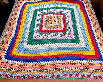 Vintage Crocheted Afghan in Colors of the Rainbow / Large Crocheted Bed Cover or Sofa Cover / 1980s Rainbow Crocheted Afghan