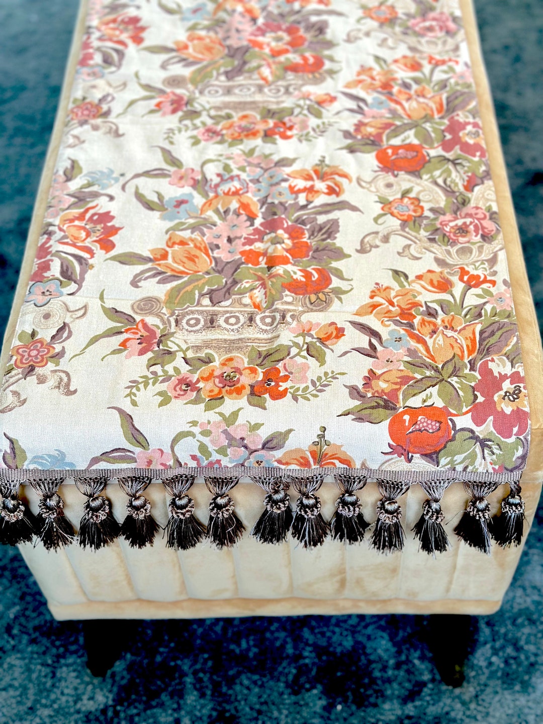 Vintage Floral Table Runner, Reversible / Wide Linen Runner With