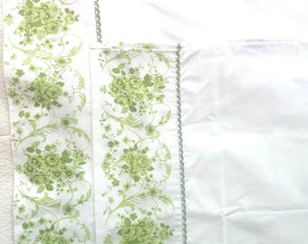 Vintage Soft Standard Pillowcases Pair with Green Floral Print on Edge