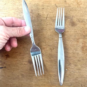 May include: Two stainless steel forks with a simple, elegant design. One fork is held by a hand, while the other lies flat. The forks have a smooth, polished finish and a classic four-tine design, perfect for everyday dining.