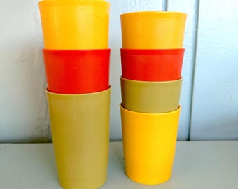 Vintage 1970s Tupperware Kids' Tumblers, Short and Medium, Lot of 7 in Yellow, Orange, and Avocado
