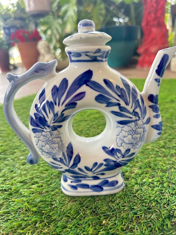 Théière Chinoise Ancienne Argile Bleue Et Blanche - Pot En Céramique Rétro Glacé Poésie