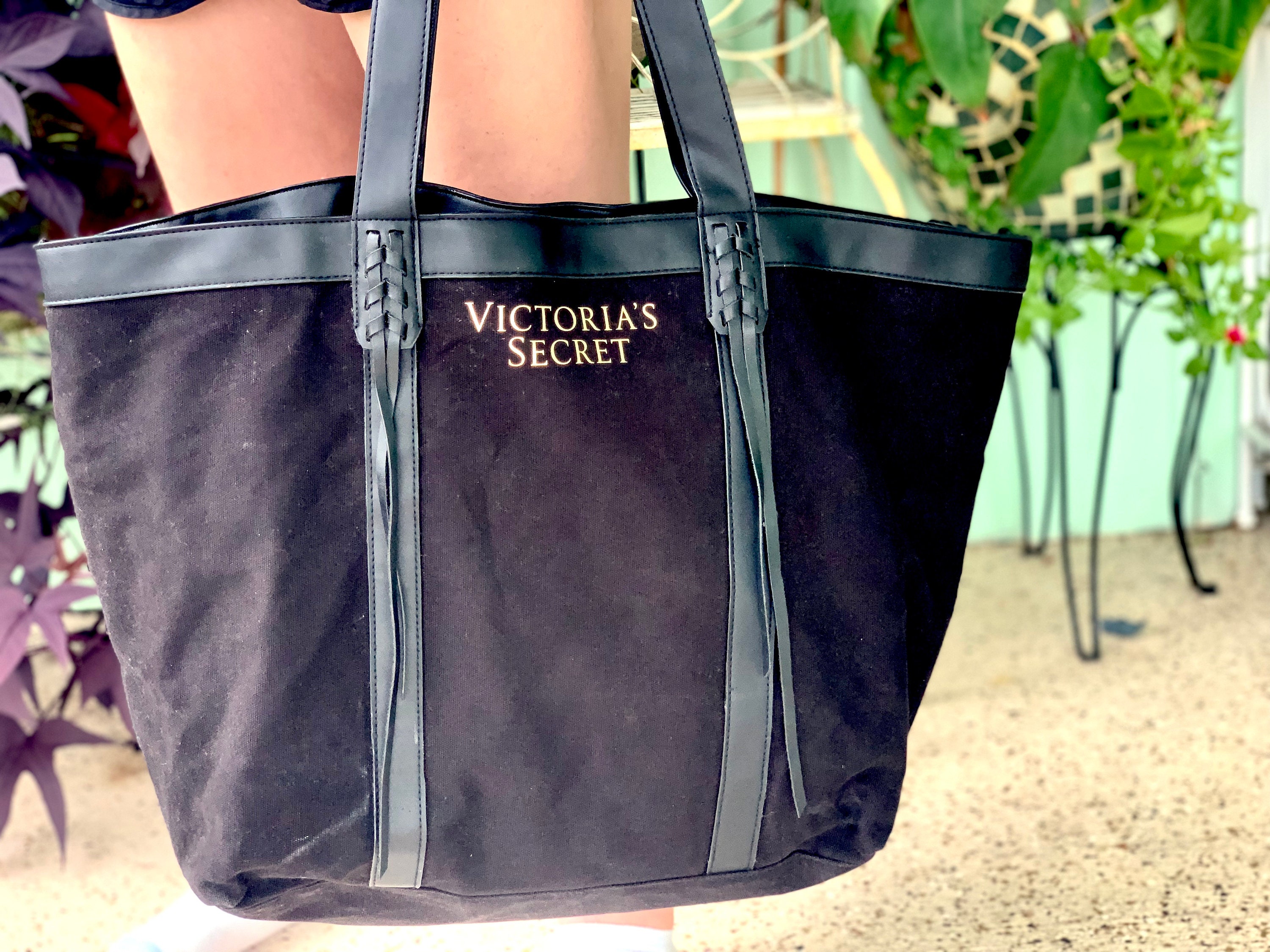Large Soft Black Fabric Tote With Vinyl Interior / Shopping 