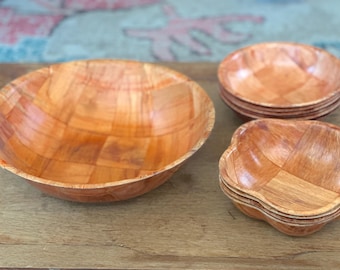 Vintage Wooden Woven Salad Bowl Sets / Two Sets of 4 Plus Larger Bowl