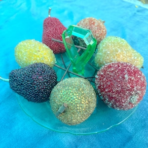 Seven Sticks of Jeweled Faux Fruit for Holiday Decorating / Vintage Sugared Faux Fruit for Christmas Tablescapes