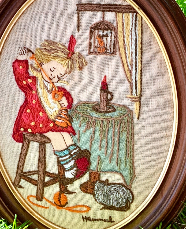 Vintage Hummel Embroidery Framed Crewel Art Child Sewing with Bird