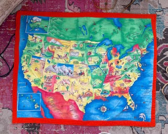 Vintage Hand Tied North American Map Quilt Wall Sized / Vintage United States Map Flag 42 x 34"