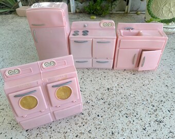 Vintage Pink Plastic Tico Doll Furniture Set: Refrigerator, Stove, Sink, and Washer/Dryer / Mid Century Doll Furniture