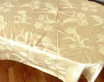 Vintage Round Yellow Tablecloths with Floral Embossing and Ruffled Edges / 8 Available 66&quot; Diameter