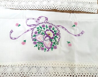 Vintage Pillowcase Edges with Trim and Purple Floral Embroidery