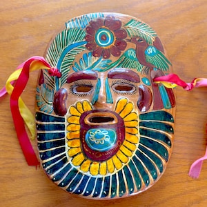 Vintage Painted Clay Mask / Colorful Terra Cotta Mask / Boho Wall Decor / Boho Wall Hanging Small