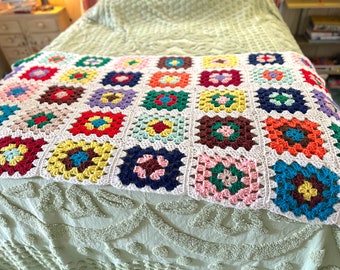 Happy Small Vintage Granny Square Afghan for Chair, Sofa, Bed