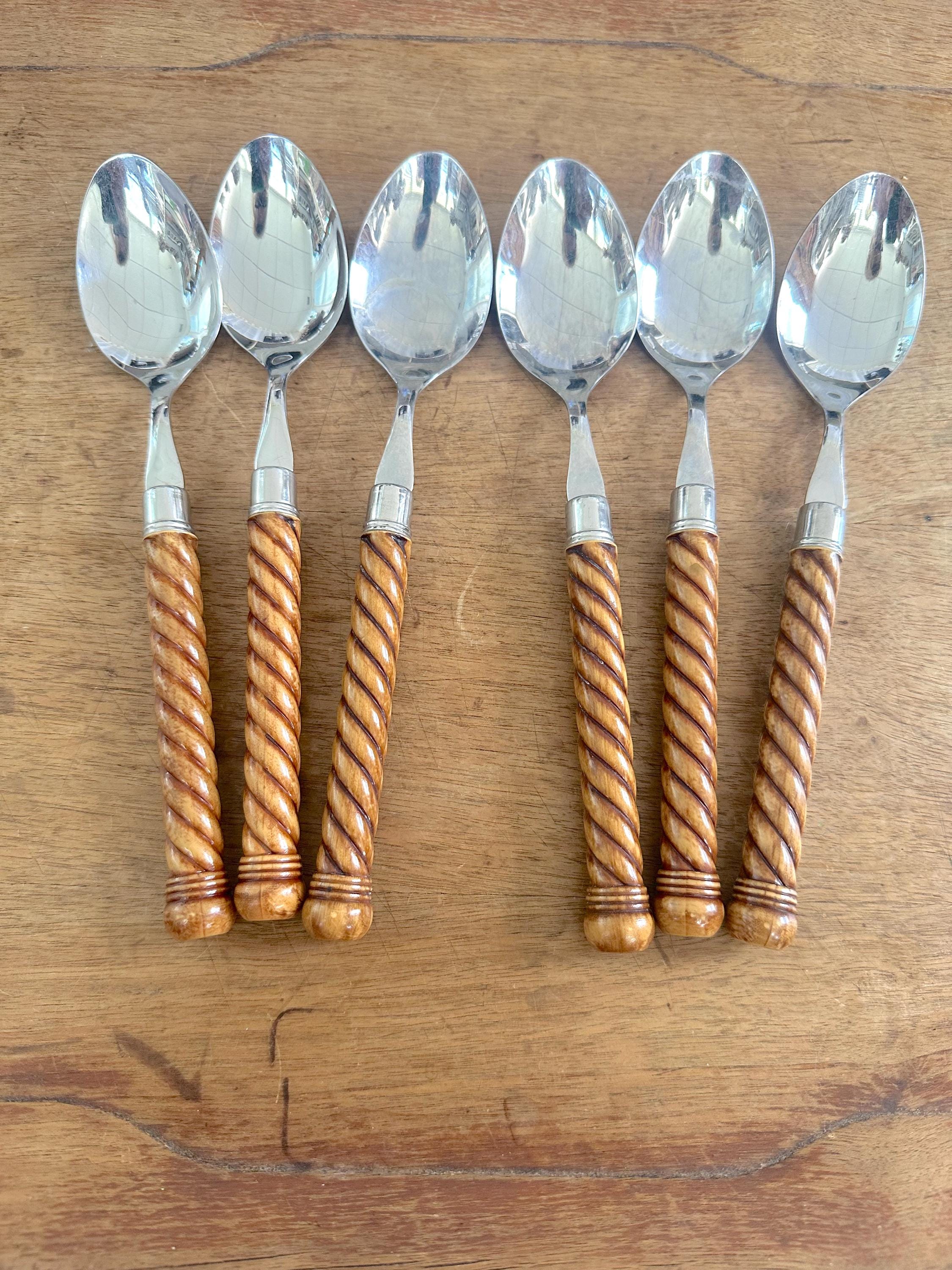 Vintage Stainless Oval Soup Spoons With Brown Plastic Braided