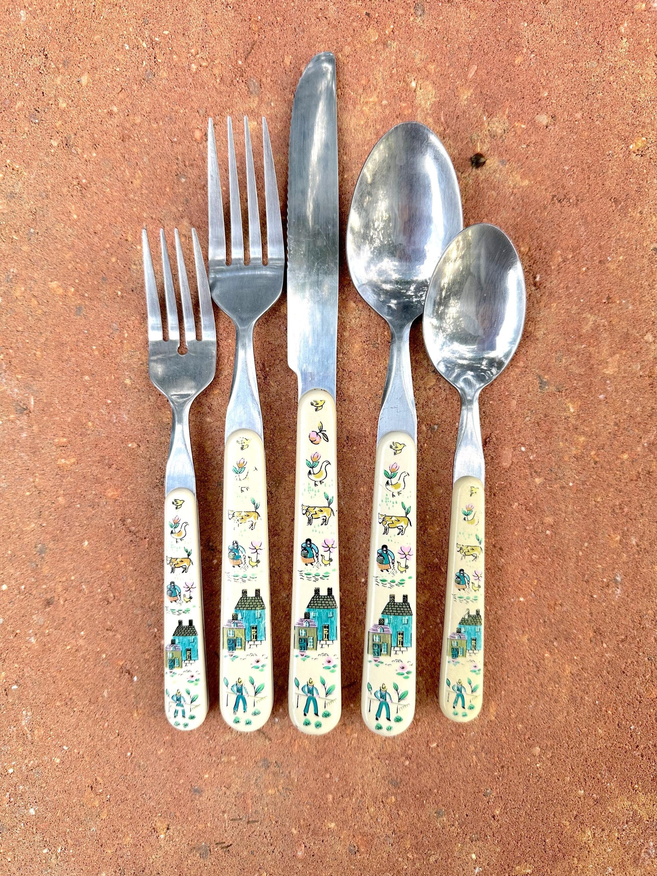 Vintage Farm Scene Stainless Flatware With Plastic Handles by the
