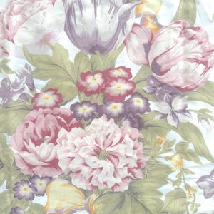 May include: A fabric design with a floral pattern. The pattern features a variety of flowers in shades of pink, purple, and white, with green leaves and yellow accents. The design includes large peony-like blooms, tulips, and smaller blossoms.