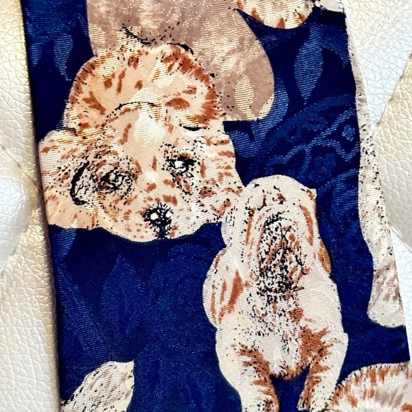 Vintage Silk Necktie with Dogs / Puppy Dogs on a Necktie / Dog Lover Necktie