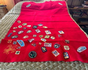 Vintage Boy Scouts Red Patch Blanket with Patches from 2002-3 / #1