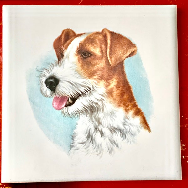 Vintage Decorative Porcelain Tile Featuring Dog Portrait, Terrier Art / Small Dog Art / Retro Dog Decor / Vintage Wenczel Dog Tile