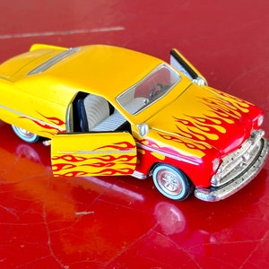 Vintage Tin Toys 1949 Ford Custom Street Rod Diecast Model 1/36 Scale / Tin Toys Custom Street Rod in Yellow with Red Flames