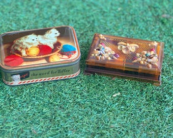 Little Vintage Tin of Vintage Buttons or Amber Lucite Box with Tiny Shells Full of Vintage Thread