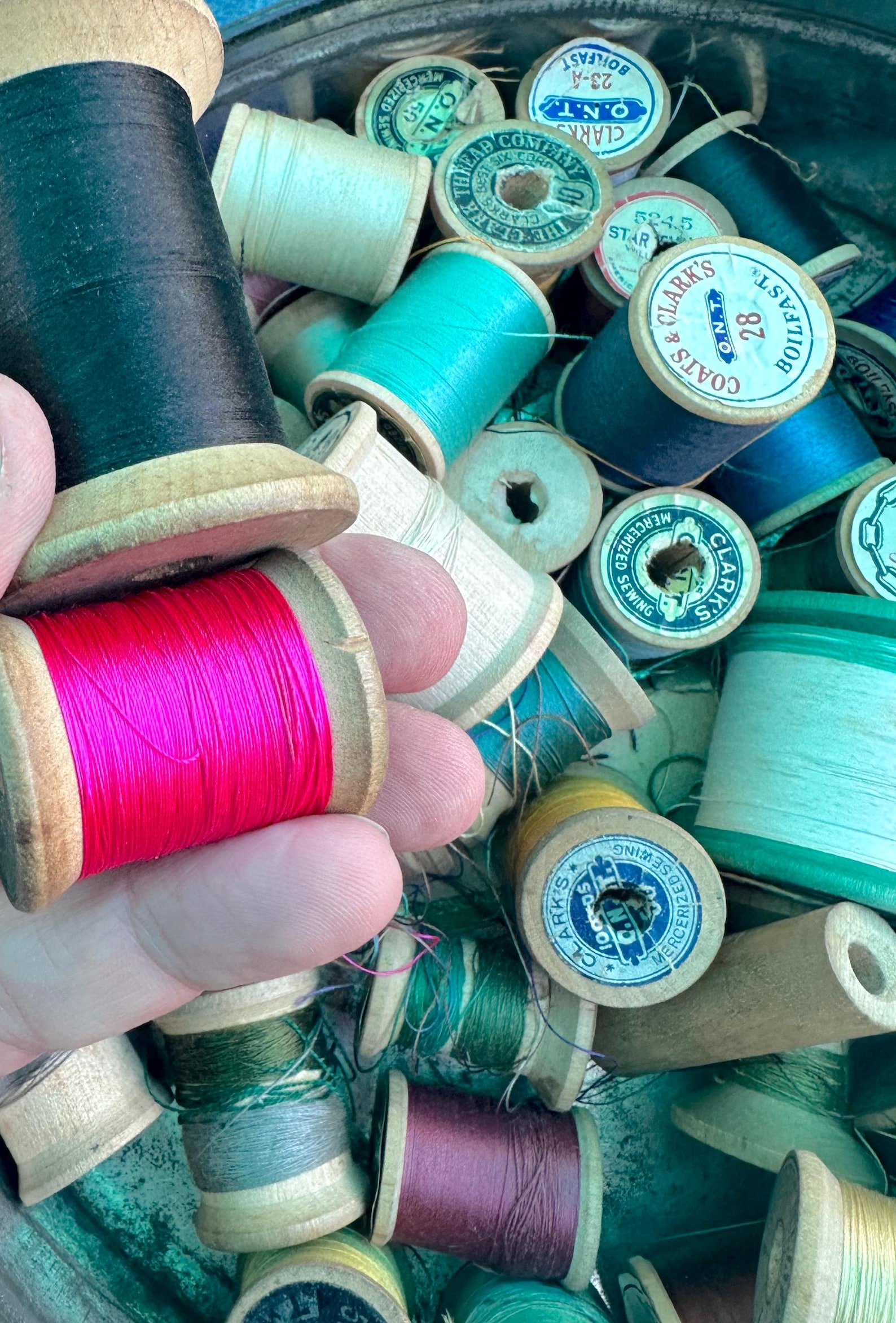 Old Tin Full of Wooden Thread Spools in an Array of Colors - Etsy