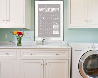 Grey Laundry Room Guide Print, Laundry Room Decor, Laundry Symbols Washing Guide, Vintage Inspired Printable Laundry Poster, Wash Dry Fold