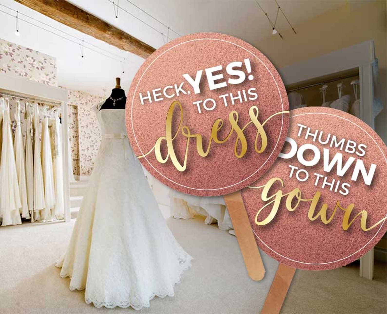 Say Yes to the Dress Paddles Signs Instant Download Rose Gold Pink Champagne Glitter Dress