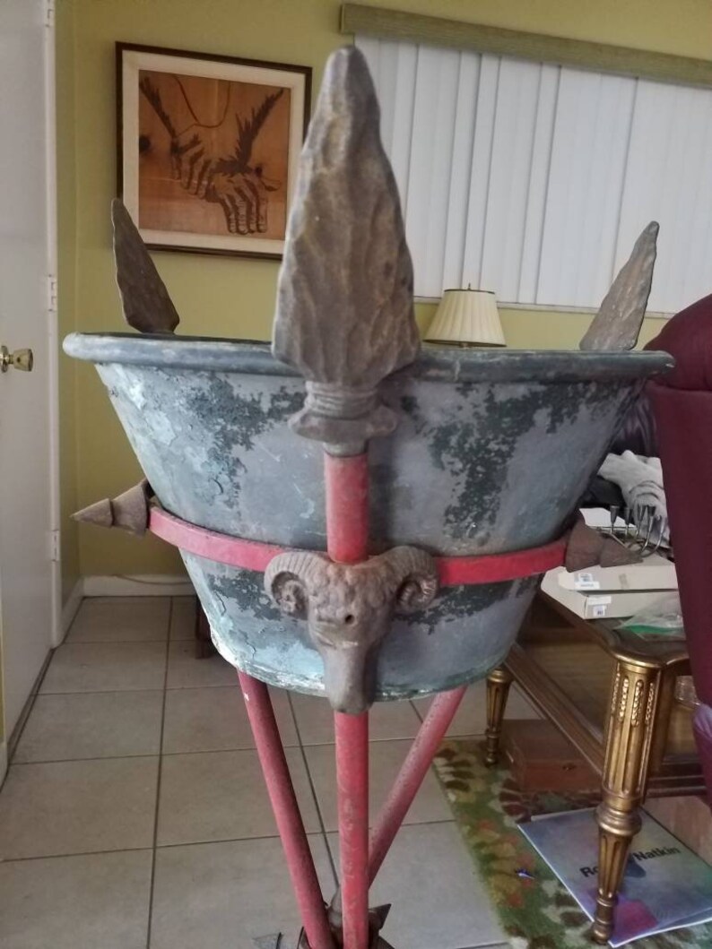 Directoire Tole 1950s Plant Stand Zinc Planter Iron Stand Rams Heads Arrows Neoclassical Vintage Garden Hollywood Regency