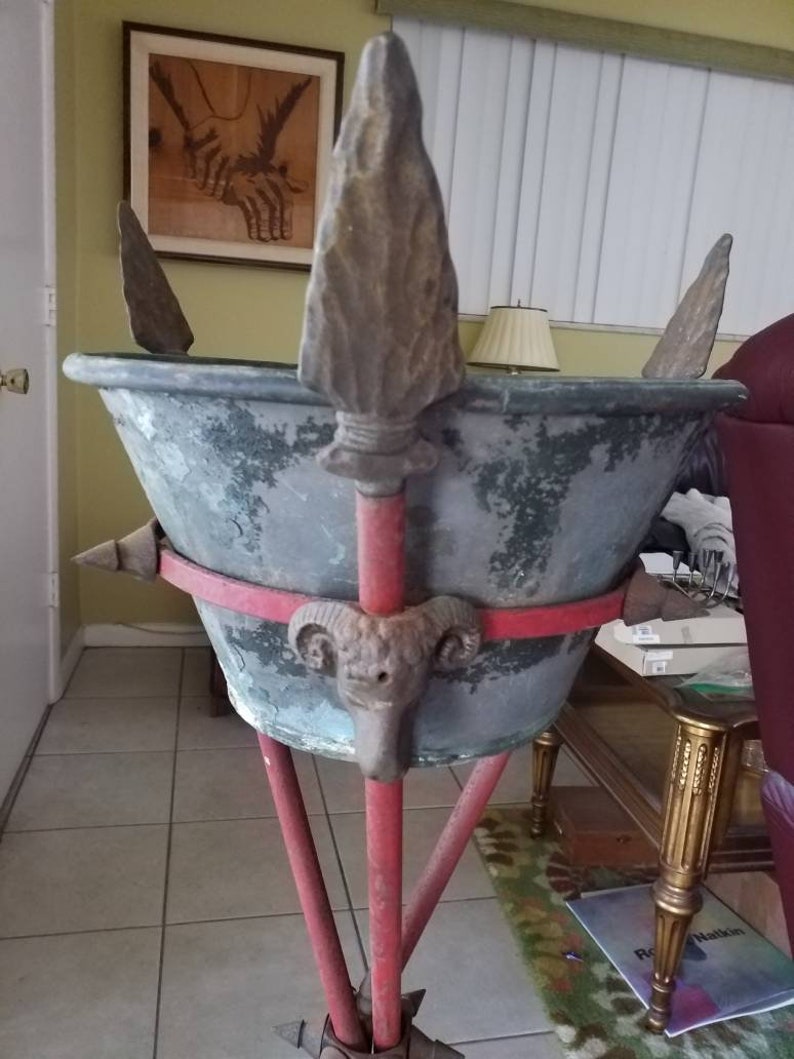 Directoire Tole 1950s Plant Stand Zinc Planter Iron Stand Rams Heads Arrows Neoclassical Vintage Garden Hollywood Regency