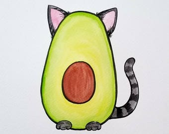 Avocato Watercolor Painting // Handmade Painting // Avocado & Cat Lovers // 8x10" Painting // Funny Art // Quirky Art // Birthday Gift Idea