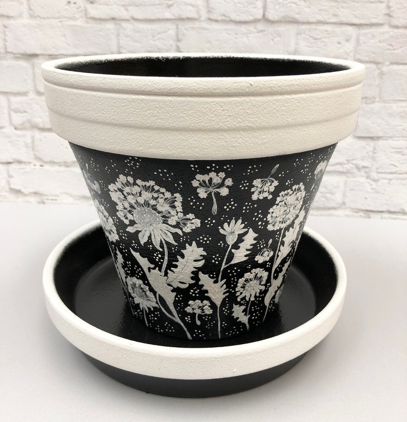 hand painted abstract dandelions Black and white floral terracotta pot