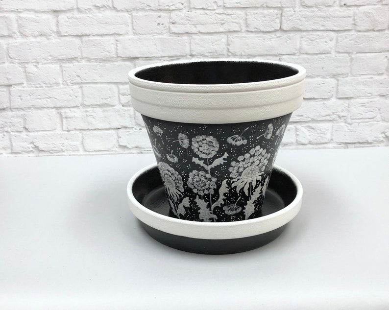 hand painted abstract dandelions Black and white floral terracotta pot