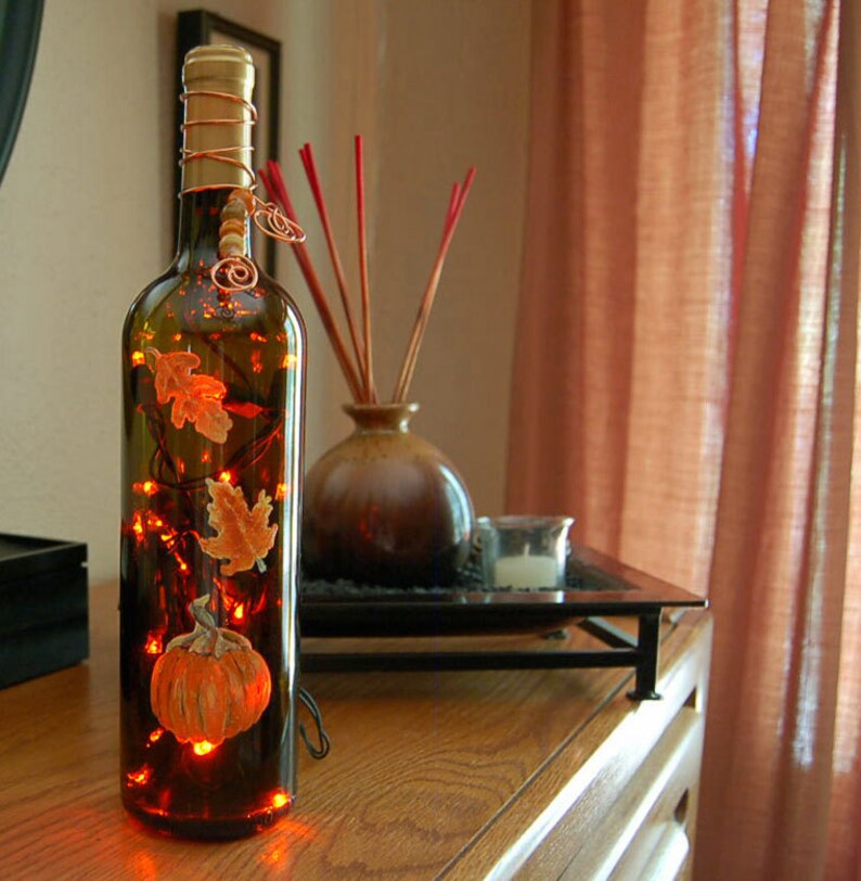 Wine bottle light orange pumpkin autumn leaves fall decor Etsy