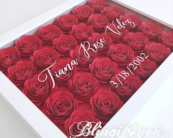 Flower Shadow Box, 3D Roses, Personalized Gift, Ombre Flowers, Name Shadow Box, Wedding Flowers Shadow Box date