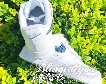 Swarovski Crystal on Women's Nike Air Force 1 White Sneakers Blinged w/ Authentic Blue Swarovski Crystals Custom Bling Nike Shoes