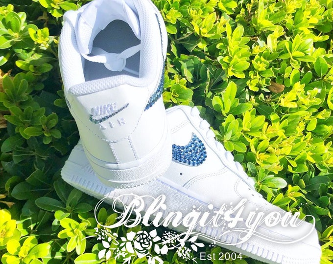 Swarovski Crystal on Women's Nike Air Force 1 White Sneakers Blinged w/ Authentic Blue Swarovski Crystals Custom Bling Nike Shoes
