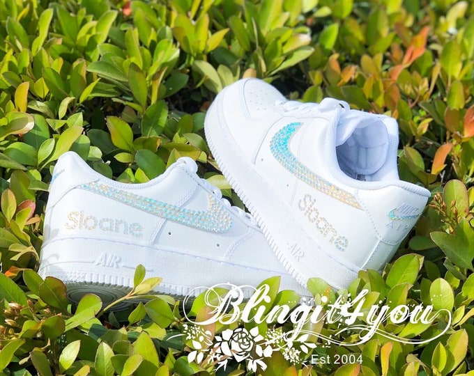 Swarovski Women's Nike Air Force 1 All White Low Sneakers Blinged Out With Authentic AB / Shimmer Swarovski Crystals Custom Bling Nike Shoes