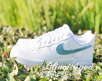 Swarovski Crystal Women's Nike Air Force 1 White Sneakers Blinged w/ Authentic Blue Swarovski Crystals Custom Bling Nike Shoes Gift for Her
