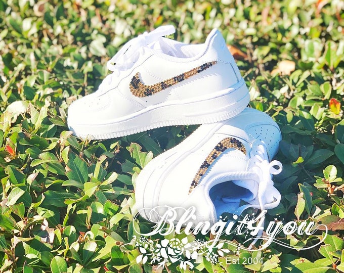 Swarovski Women's Nike Air Force 1 All White Low Sneakers Blinged Out With Authentic Swarovski Crystals Custom Leopard Bling Nike Shoes
