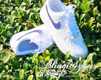 custom make with Swarovski Crystal on Nike Air Force One Low Top Women's Bling Diamond Sneakers with Purple Crystal